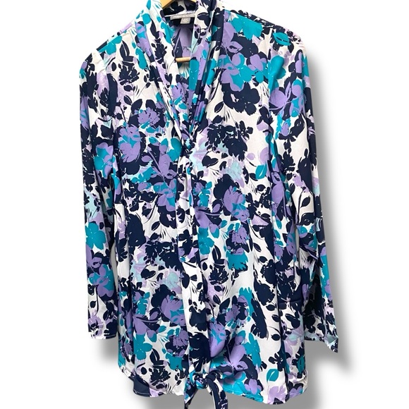Jessica‎ London Drape Tie Front Navy/Purple Floral Print Career Top - Picture 5 of 7
